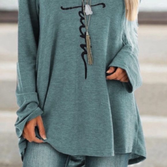 ⛪️Teal 📿Long Sleeve Faith Shirt 🕍Loose Fitting 🕌Boutique 🕋New⛩ - Picture 3 of 5